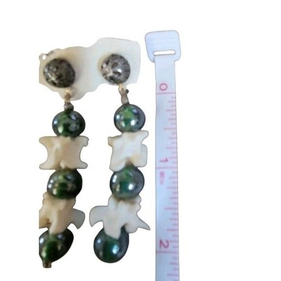 Rattlesnake Vertebrae  & Green Glass Beaded  Dangle Post Earrings - Picture 3 of 5
